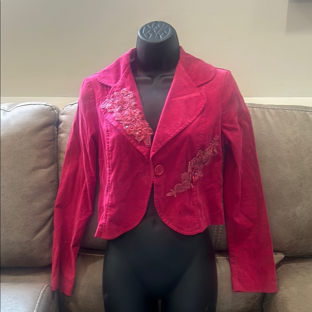Red Velvet Blazer with Embroidered Detailing